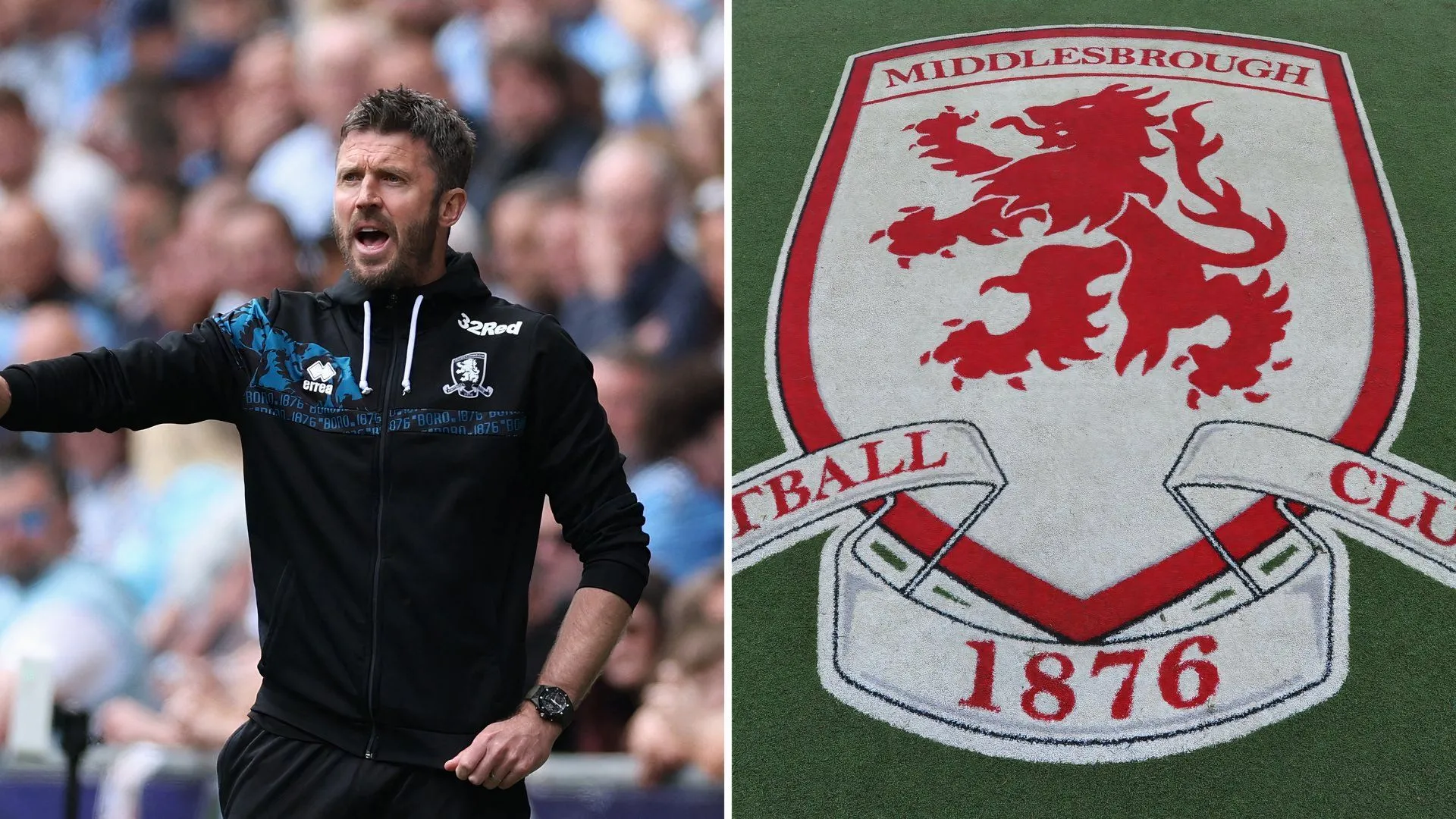 HLV Michael Carrick và logo CLB Middlesbrough trước thử thách mùa giải mới