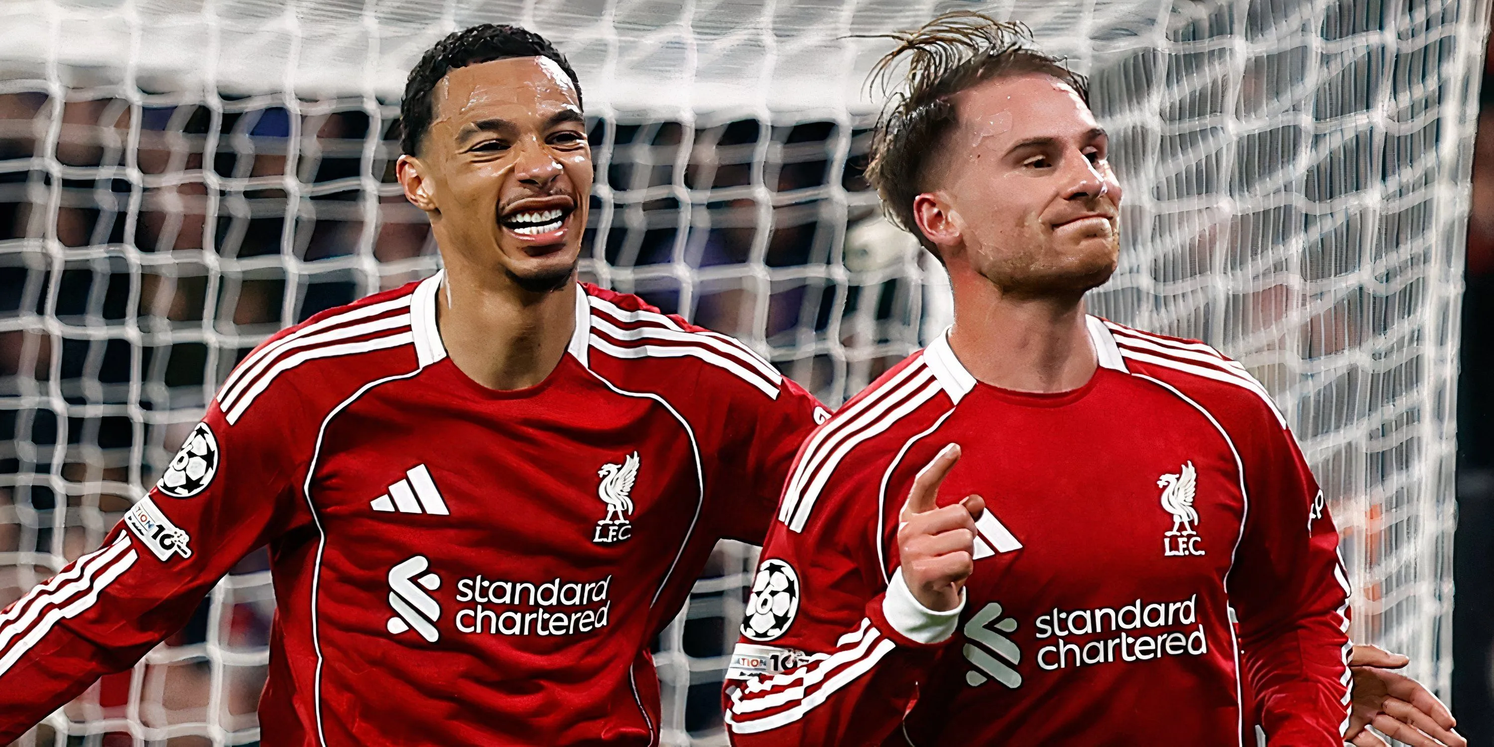 Alexis Mac Allister và Hugo Ekitike ăn mừng bàn thắng chiến thắng cho Liverpool trước Real Madrid